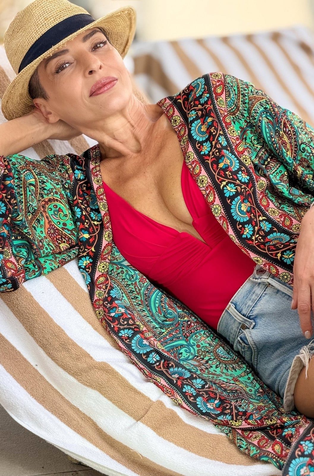 Paisley Print Silk Kimono Over Swimsuit — Elegant Boho Outfits
