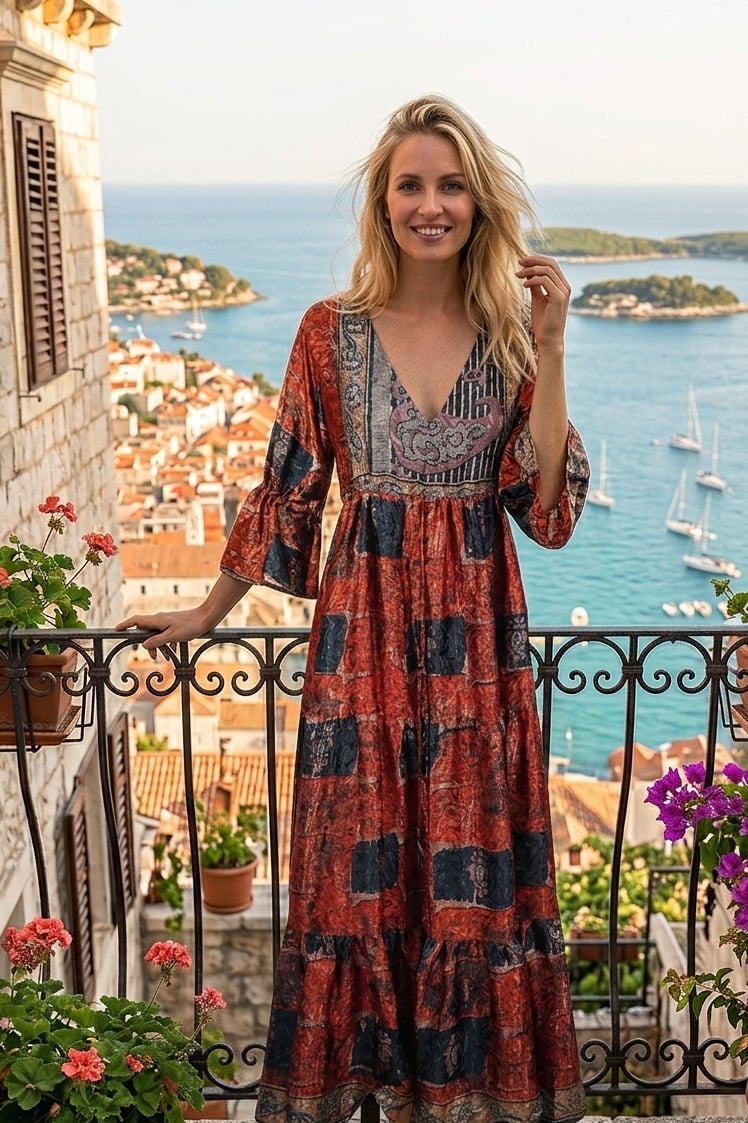 Vibrant Print Maxi Dress with Tiered Skirt — Elegant Boho Outfits