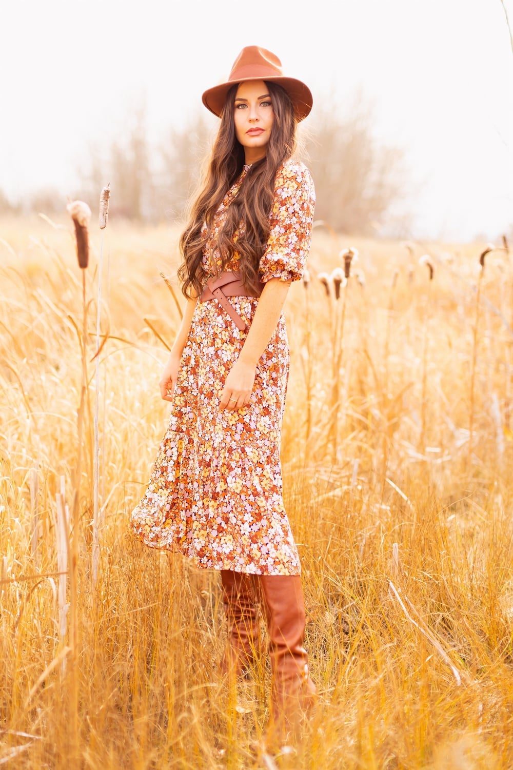 Floral Print Midi Dress with Tall Boots — Elegant Boho Outfits