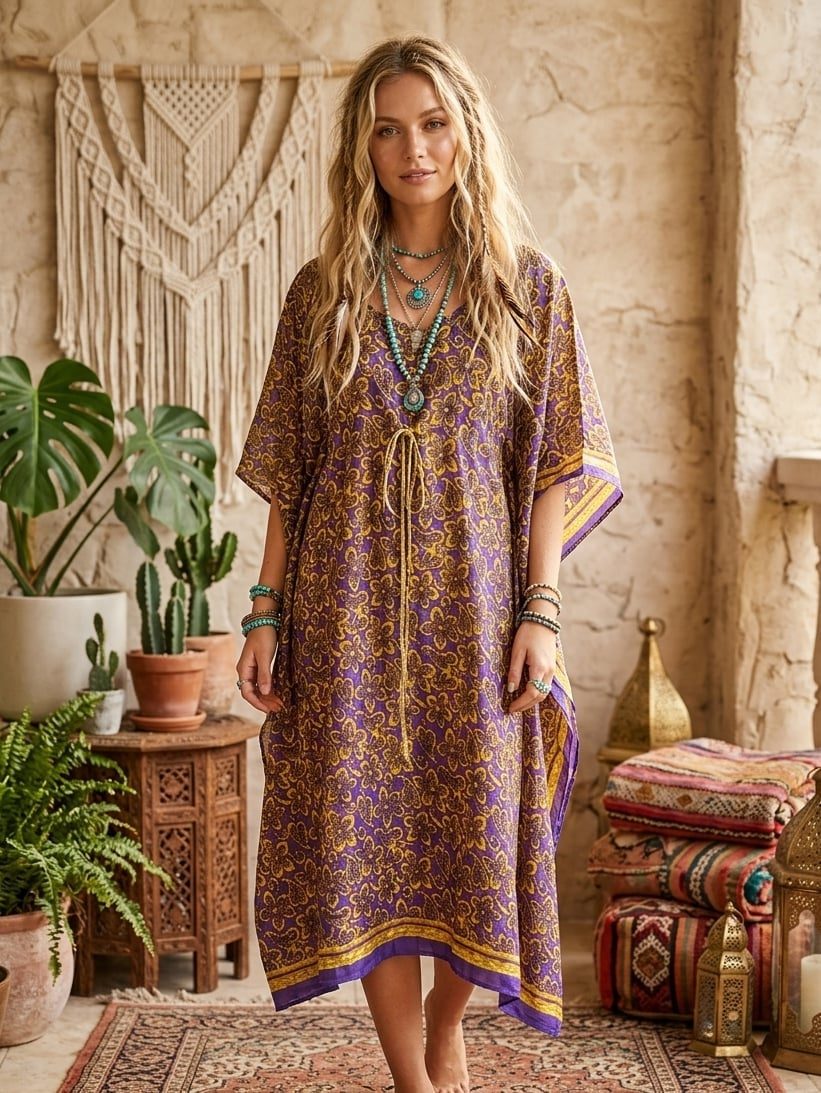 Vibrant Printed Maxi Dress with Layered Jewelry — Elegant Boho Outfits