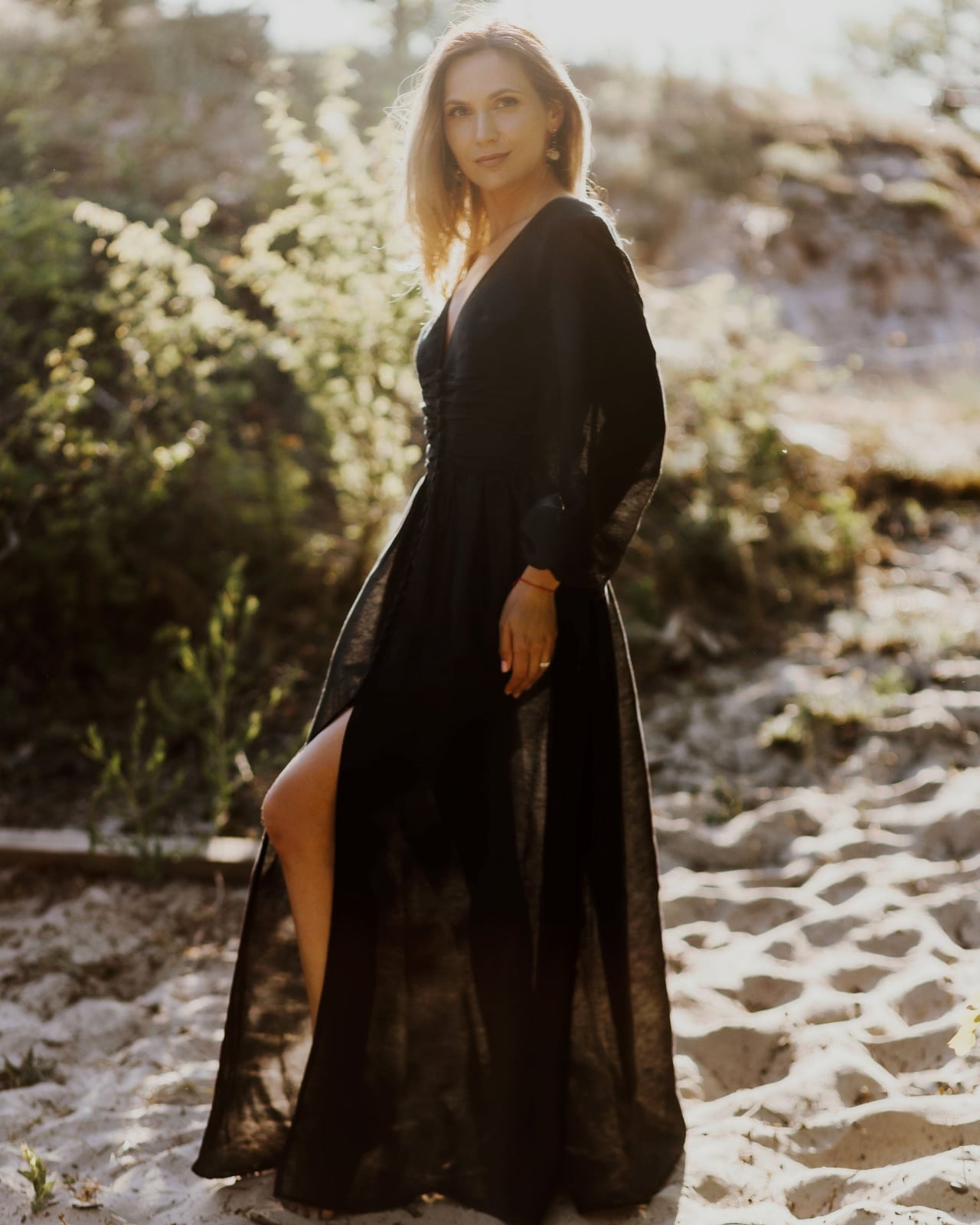 Black Muslin Maxi Dress with High Slit — Elegant Boho Outfits