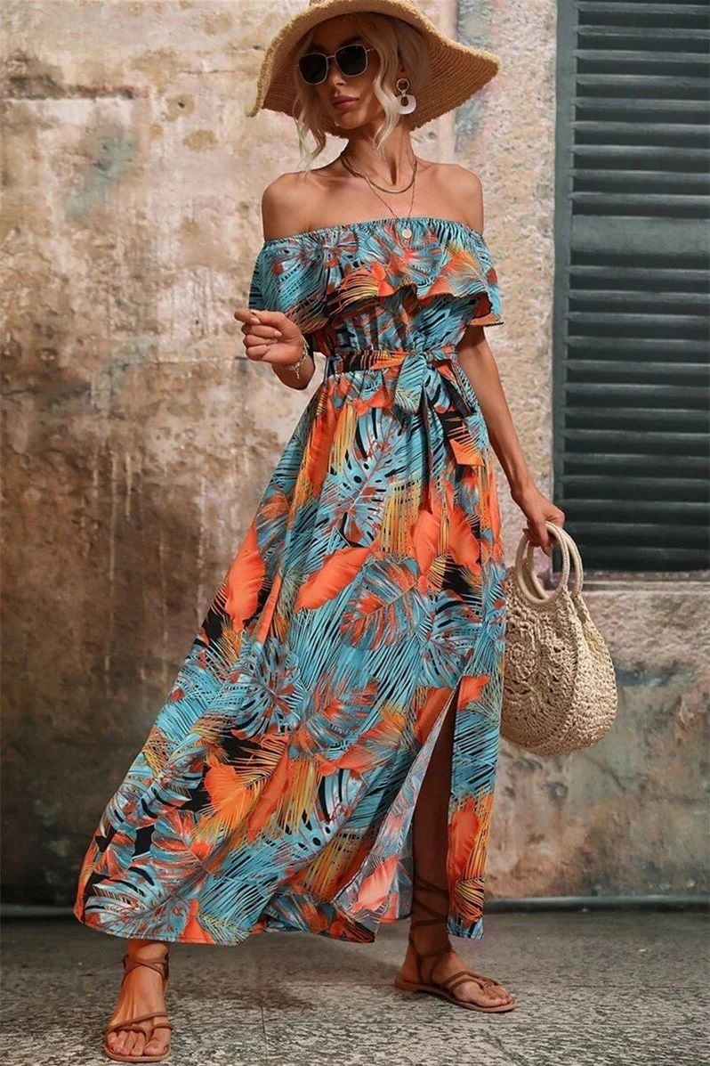 Tropical Print Off-Shoulder Maxi Dress With A Straw Tote Bag — Elegant Boho Outfits