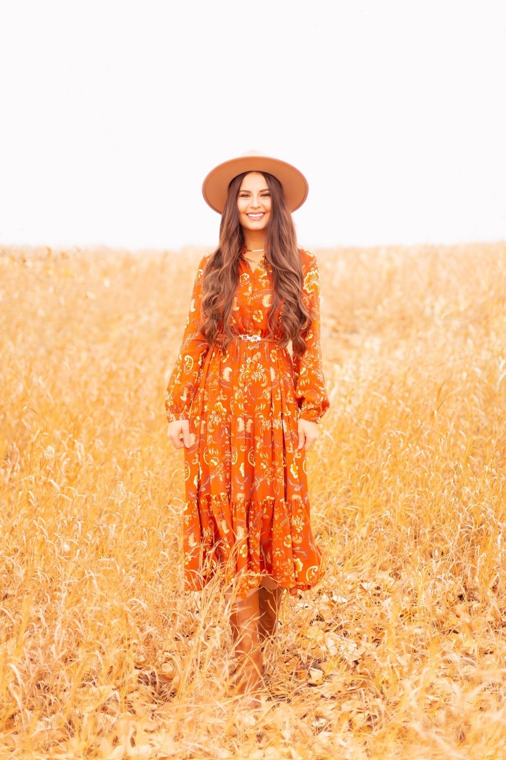 Burnt Orange Paisley Maxi Dress with Fedora, Close-Up Take — Elegant Boho Outfits