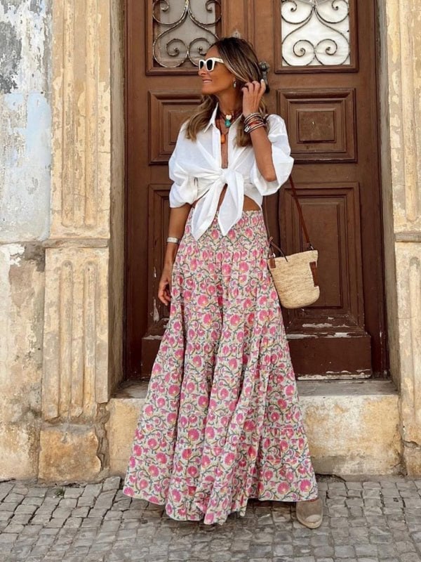 Tiered Maxi Skirt with Tie-Front Shirt — Elegant Boho Outfits