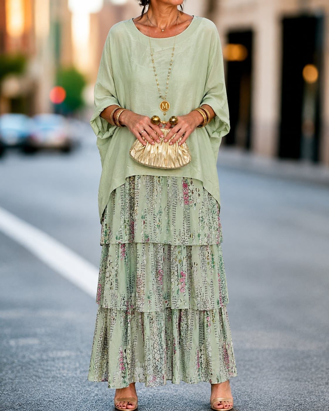 Tiered Floral Maxi Skirt with Oversized Top — Elegant Boho Outfits