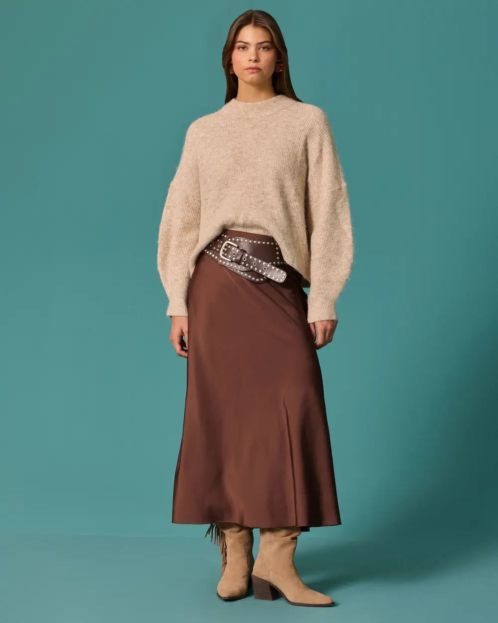 Brown Satin A-Line Skirt With Knit Sweater And Suede Boots — Elegant Brown Satin Skirt Outfit