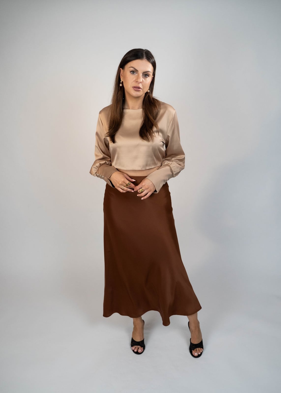 Beige Satin Top With Brown Satin Maxi Skirt — Elegant Brown Satin Skirt Outfit