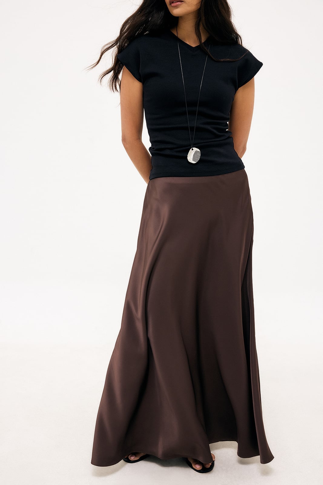 Dark Brown Satin Maxi Skirt With Cap Sleeve Top — Elegant Brown Satin Skirt Outfit