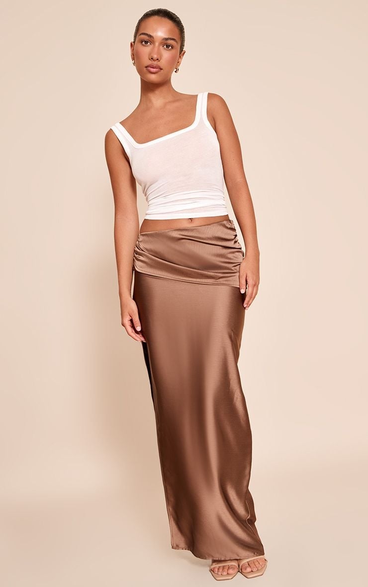 Draped Brown Satin Maxi Skirt With White Tank Top — Elegant Brown Satin Skirt Outfit