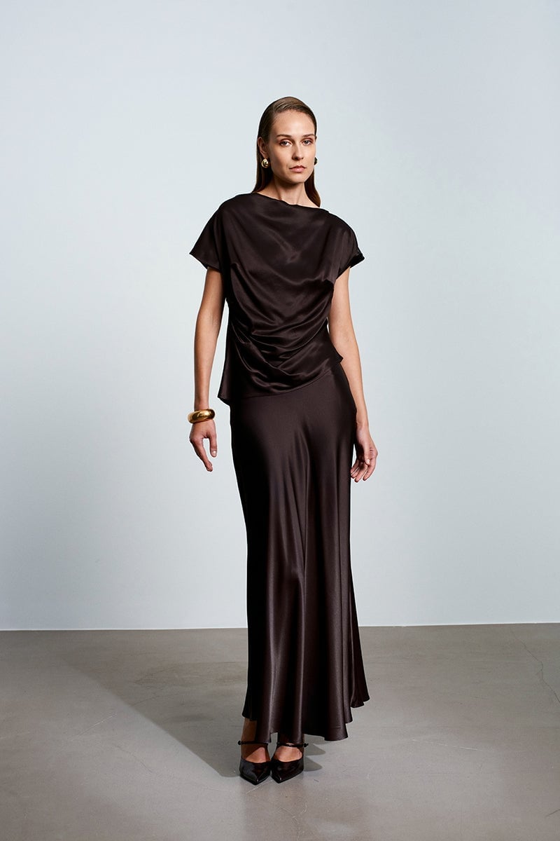 Dark Brown Satin Maxi Skirt With Draped Top — Elegant Brown Satin Skirt Outfit