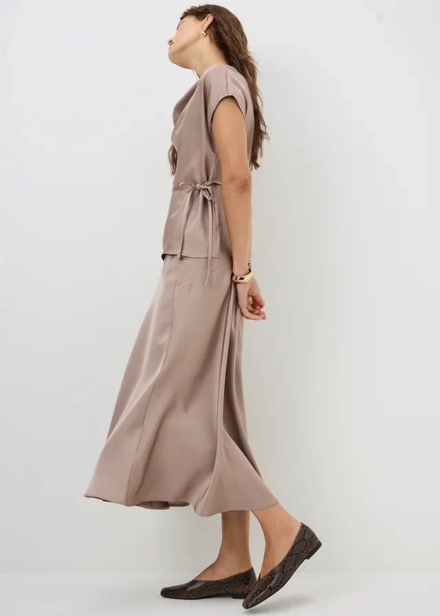 Brown Satin Midi Skirt With Knit Sweater And Tall Boots — Elegant Brown Satin Skirt Outfit
