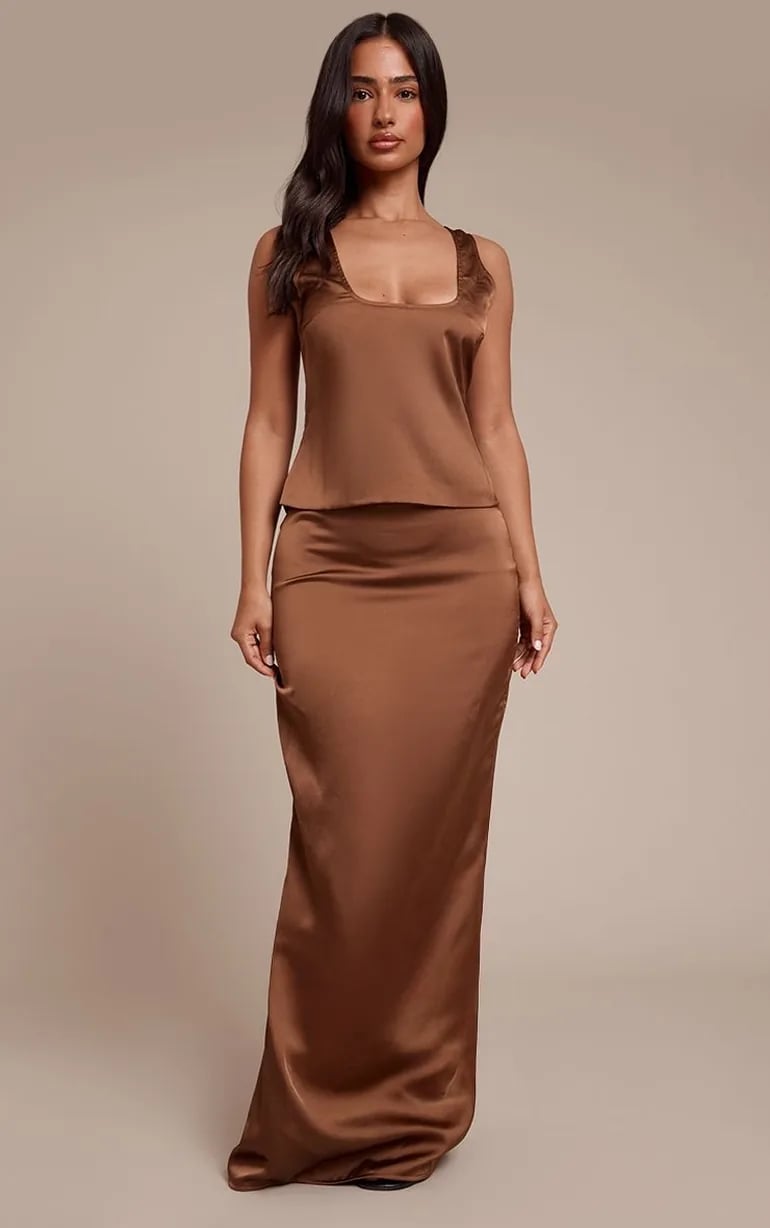 Brown Satin Maxi Skirt And Camisole Set — Elegant Brown Satin Skirt Outfit