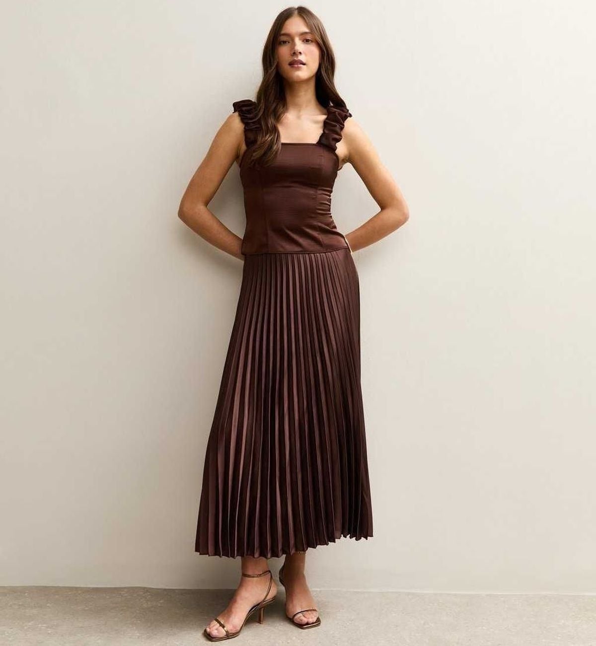 Brown Satin Pleated Midi Skirt With Ruffled Top — Elegant Brown Satin Skirt Outfit