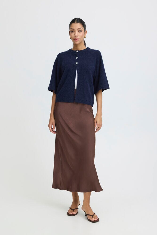 Brown Satin A-Line Maxi Skirt With Cardigan — Elegant Brown Satin Skirt Outfit