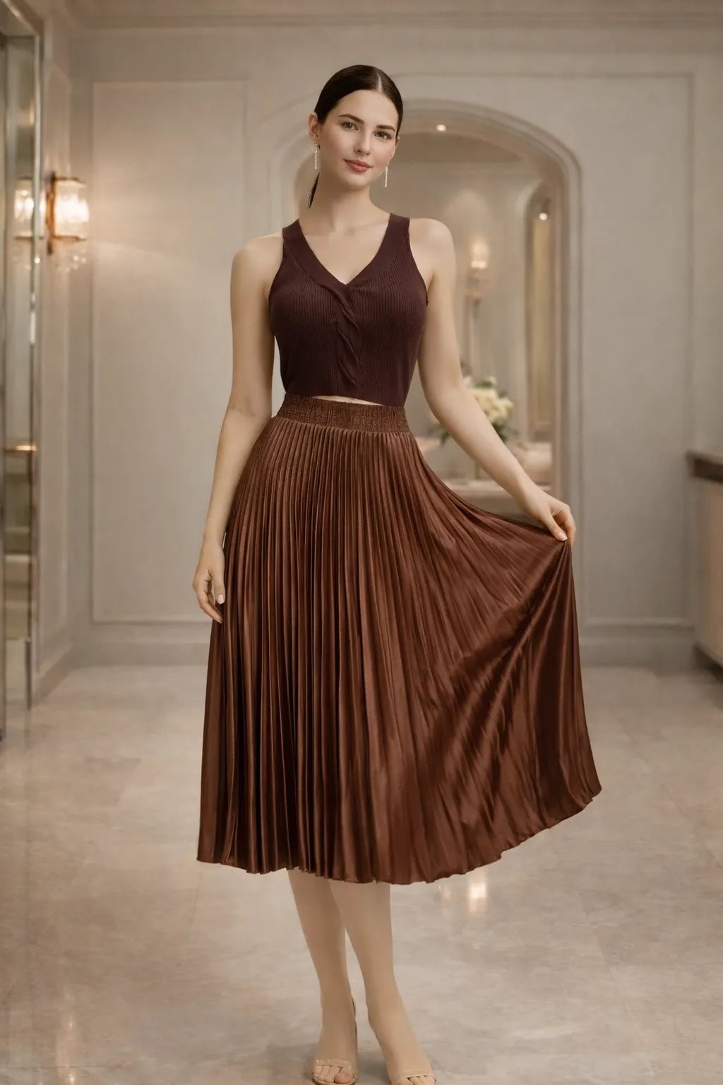 Pleated Brown Satin Midi Skirt With Knit Top, Close-Up Take — Elegant Brown Satin Skirt Outfit