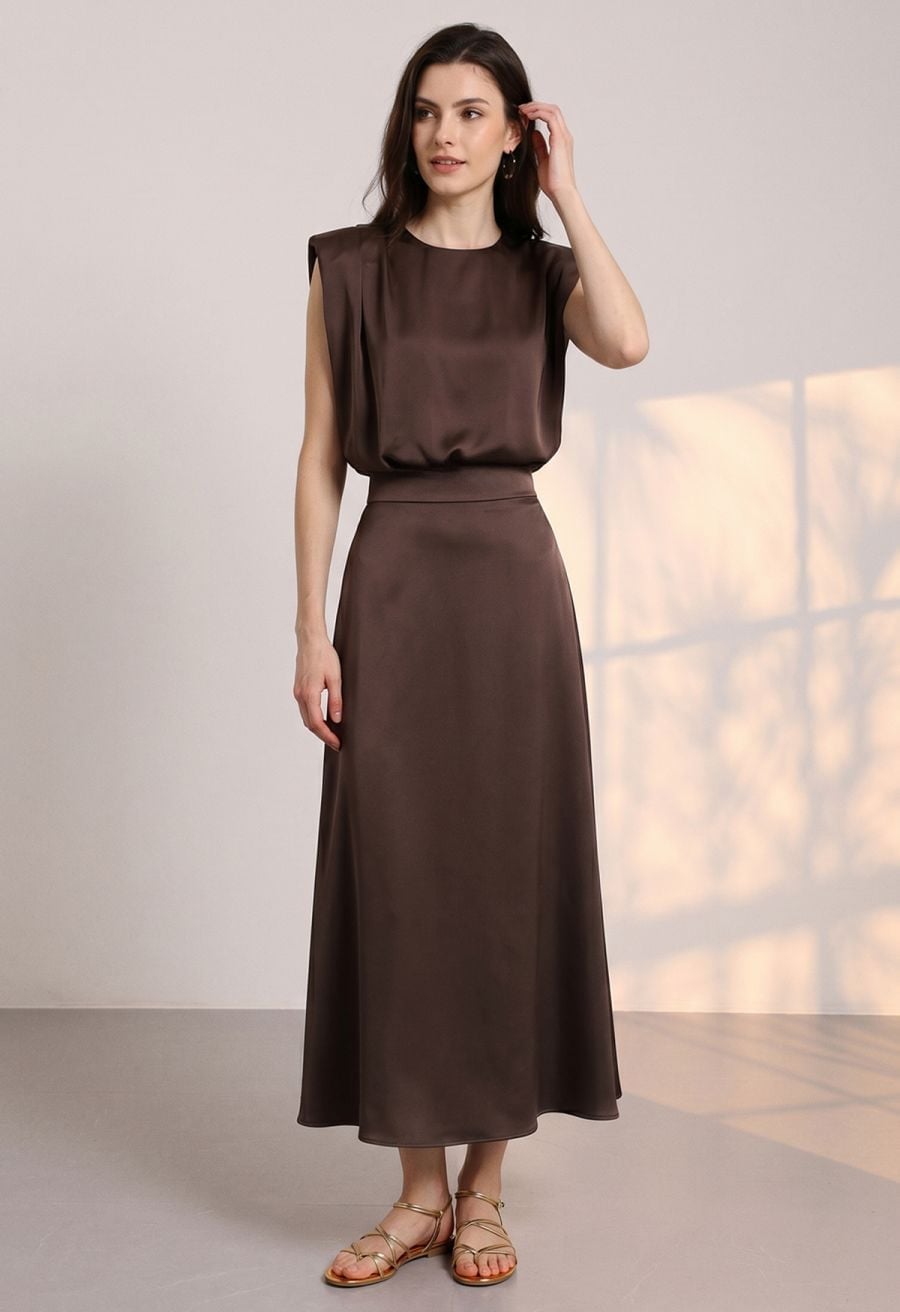 Brown Satin A-Line Maxi Skirt With Matching Top — Elegant Brown Satin Skirt Outfit