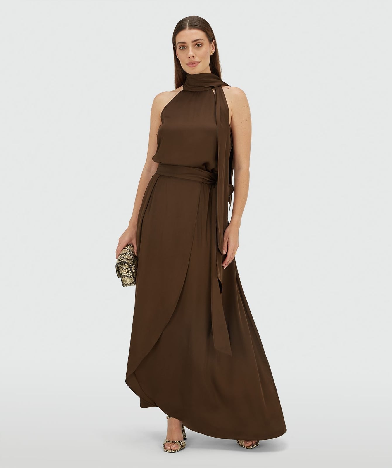 Brown Satin Wrap Maxi Skirt With Halter Top — Elegant Brown Satin Skirt Outfit