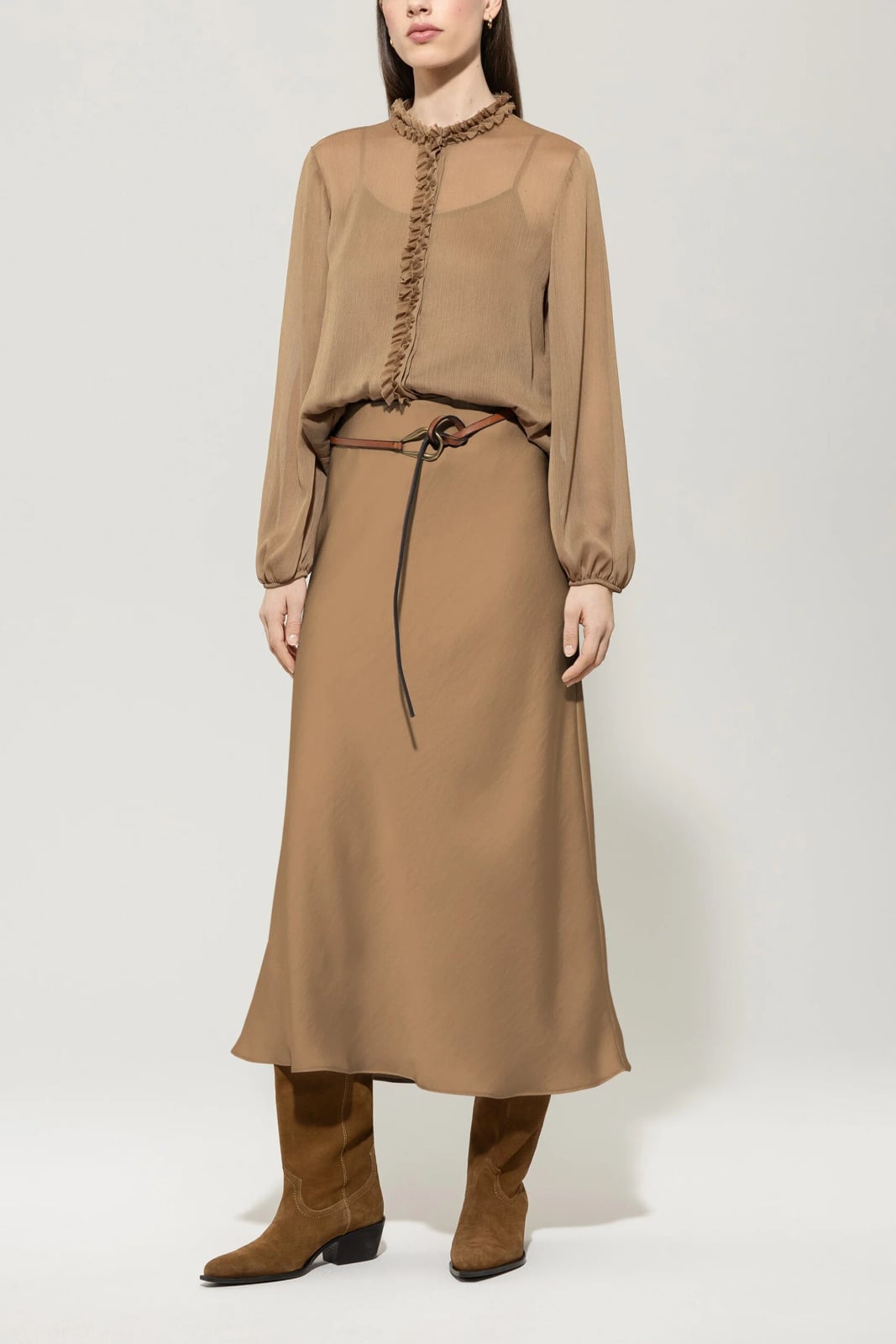 Beige A-Line Satin Skirt With Brown Chiffon Blouse — Elegant Brown Satin Skirt Outfit