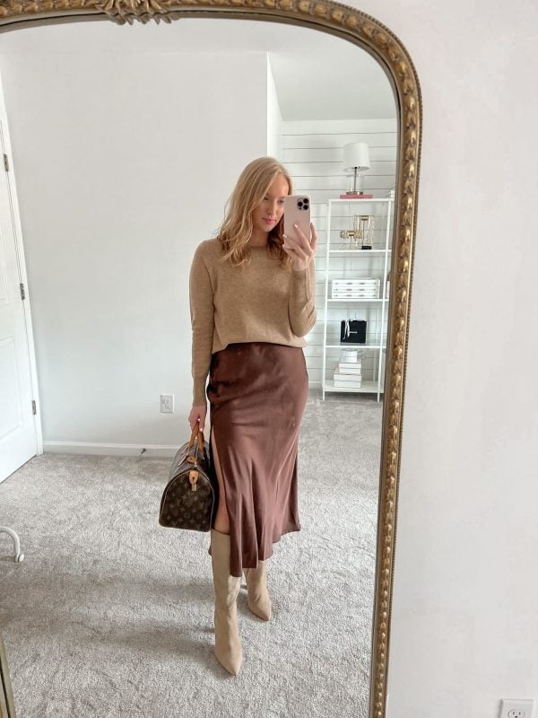 Beige A-Line Mini Skirt With Striped Knit Top — Elegant Brown Satin Skirt Outfit