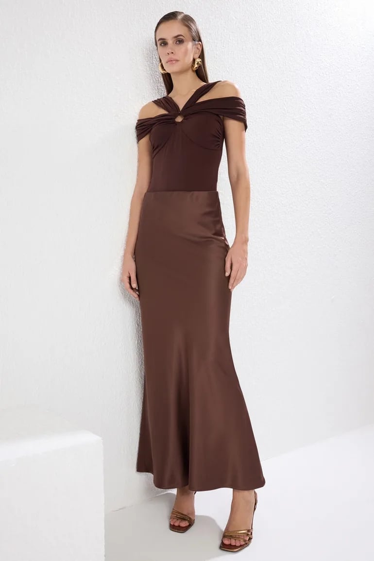 Brown Satin A-Line Maxi Skirt With Off-The-Shoulder Top — Elegant Brown Satin Skirt Outfit