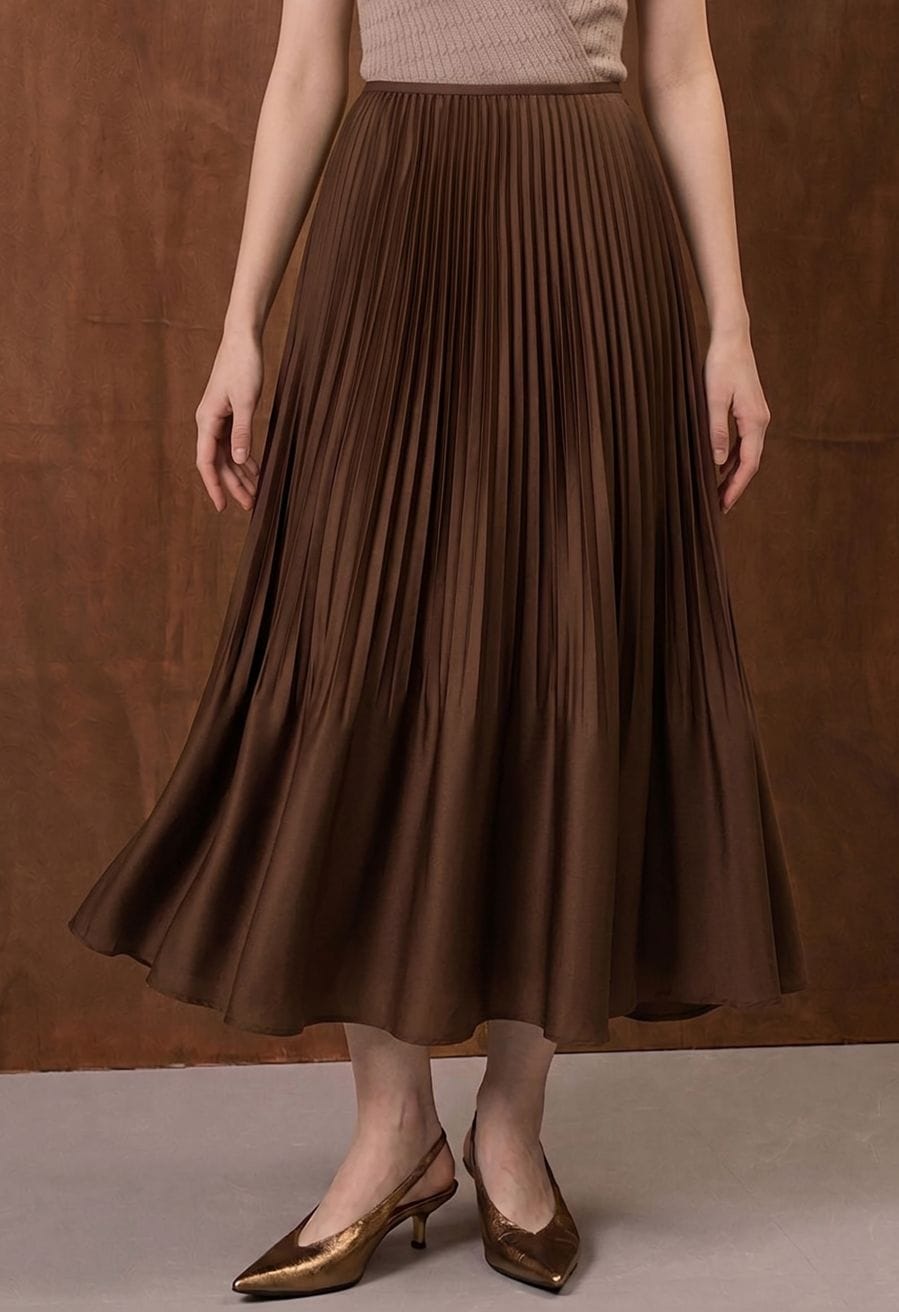 Chocolate Brown Pleated Midi Skirt With Knit Top — Elegant Brown Satin Skirt Outfit