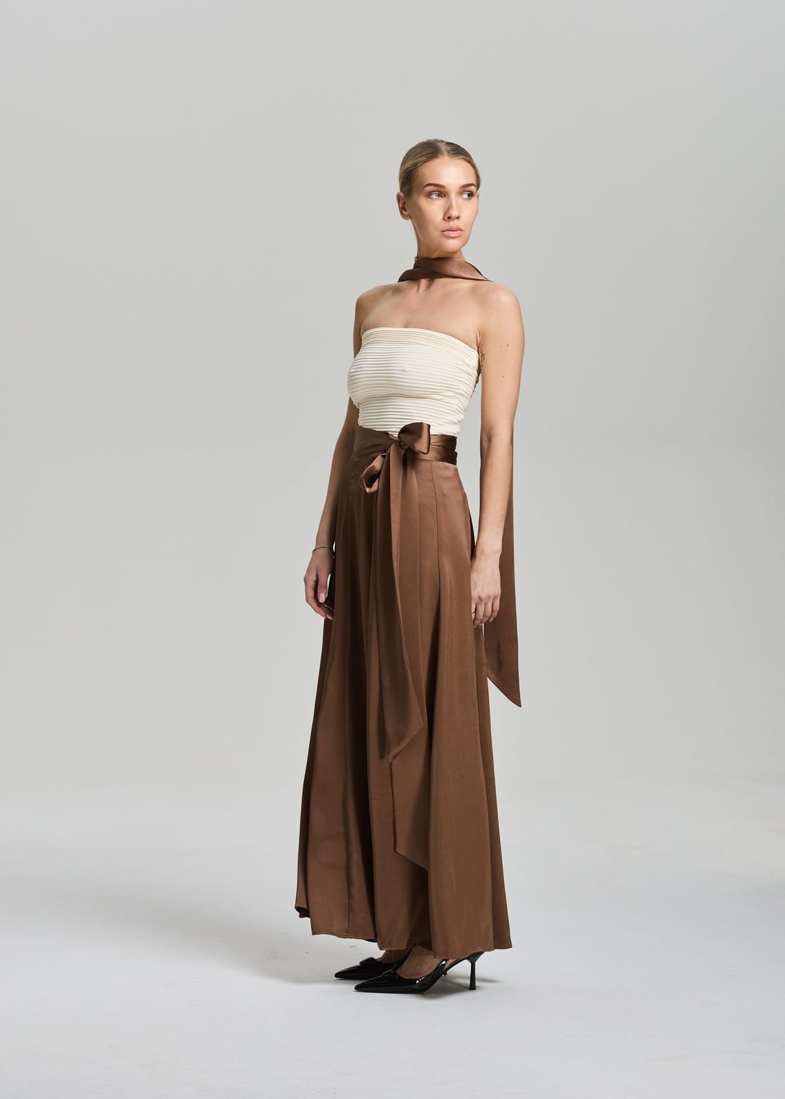 Wide Brown Satin Skirt With Strapless Top And Sash — Elegant Brown Satin Skirt Outfit