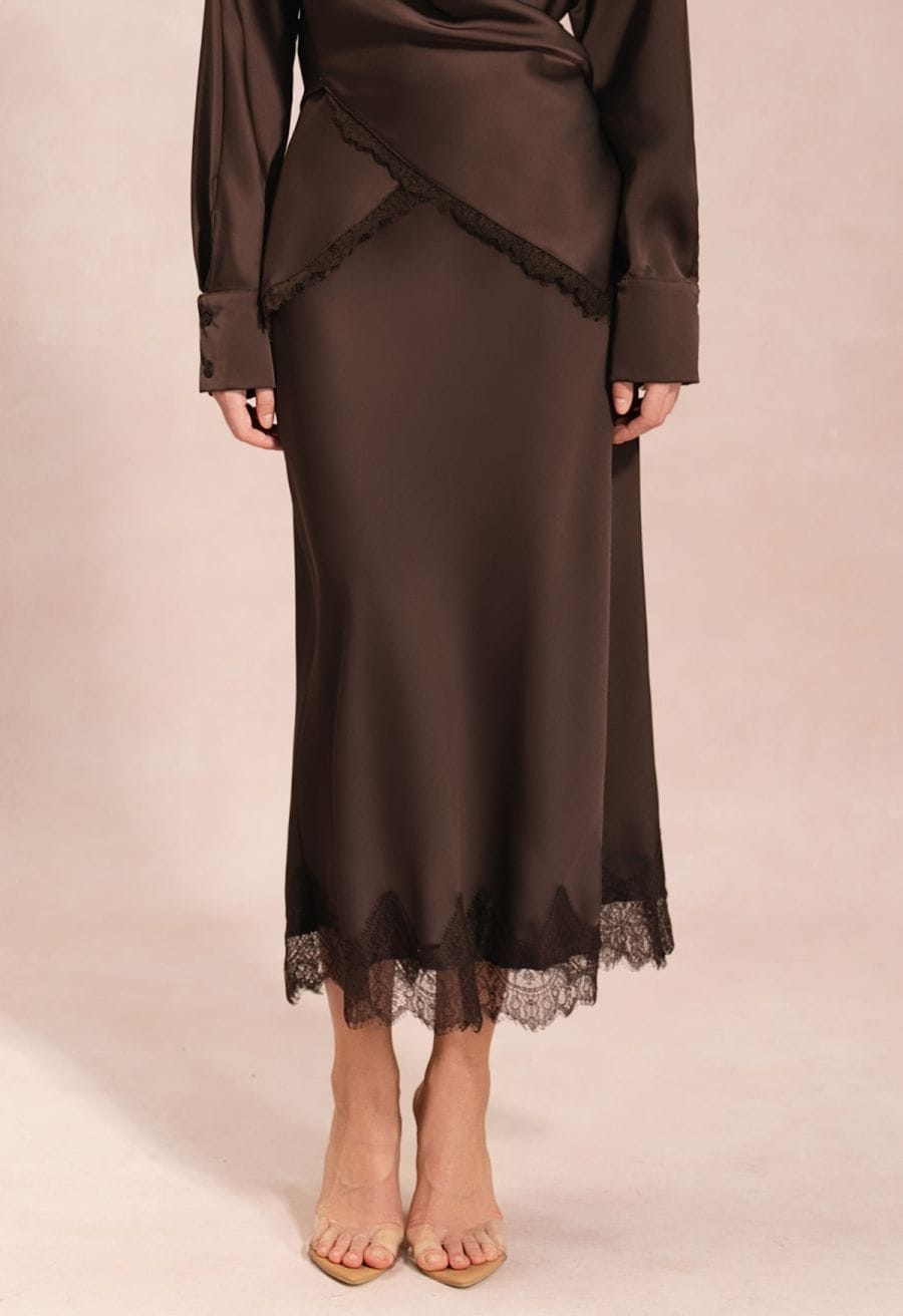 Brown Satin Maxi Skirt With Lace Trim Hem — Elegant Brown Satin Skirt Outfit