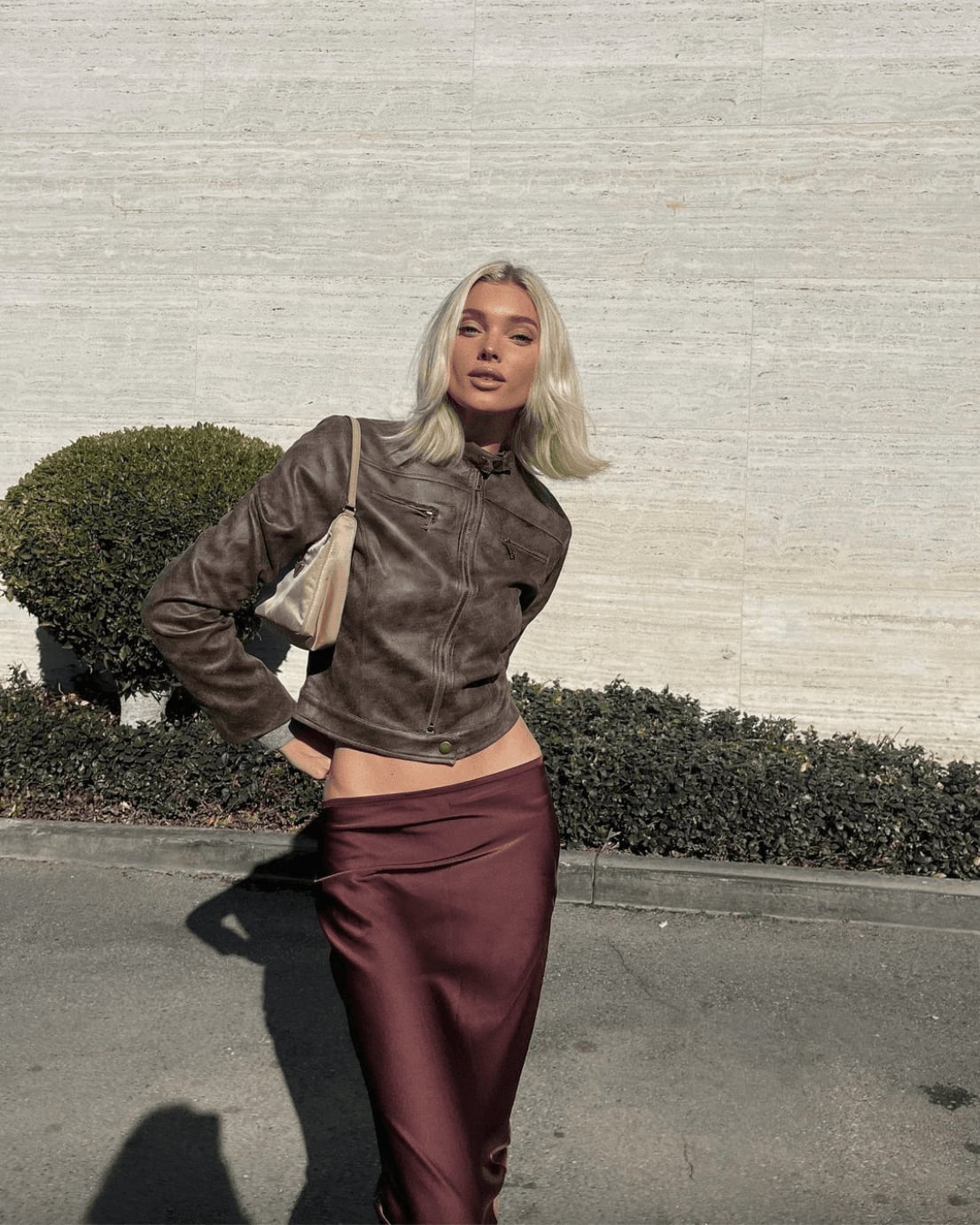 Brown Satin Low-Rise Midi Skirt With Cropped Jacket — Elegant Brown Satin Skirt Outfit