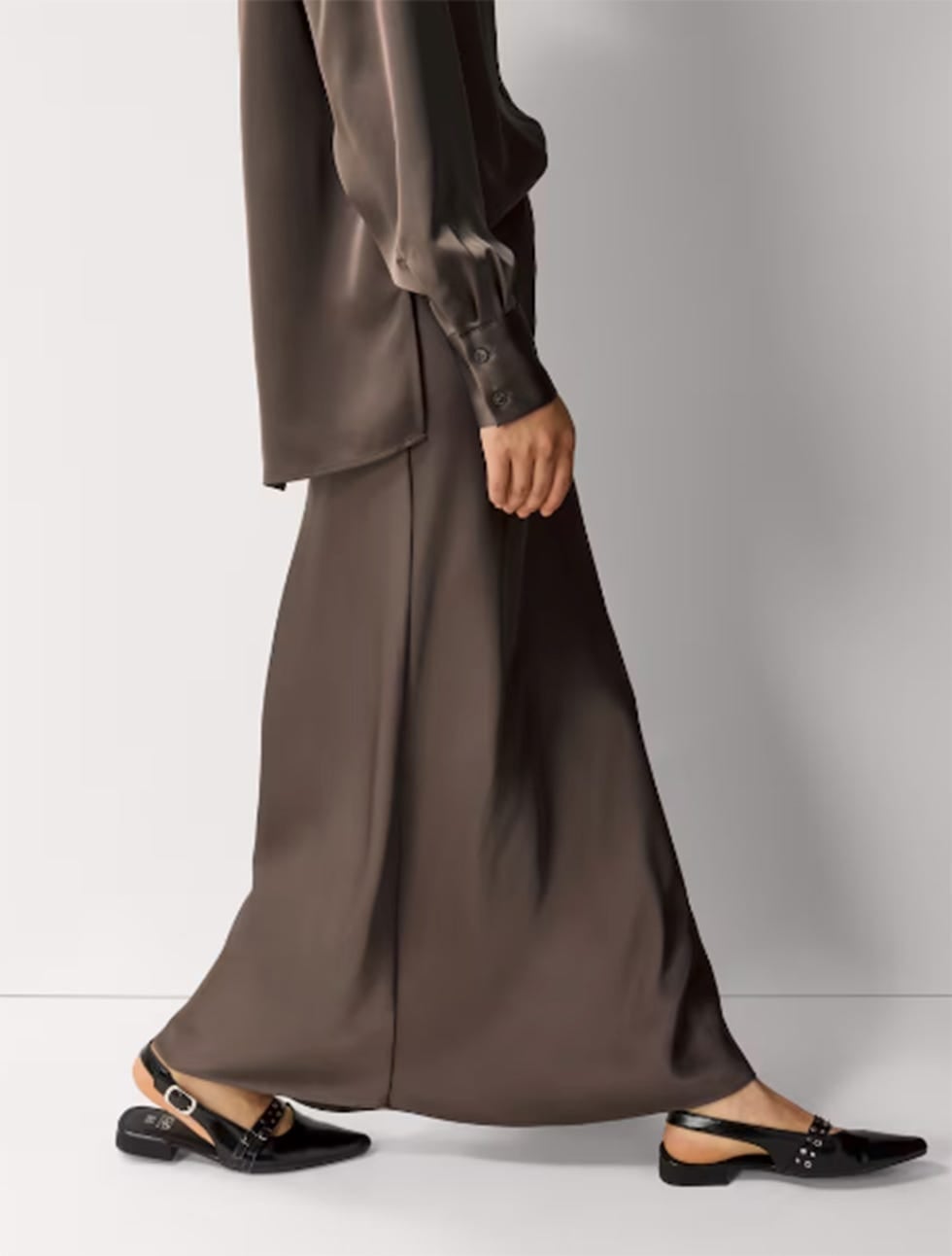 Taupe Satin Maxi Skirt With Matching Silk Shirt — Elegant Brown Satin Skirt Outfit