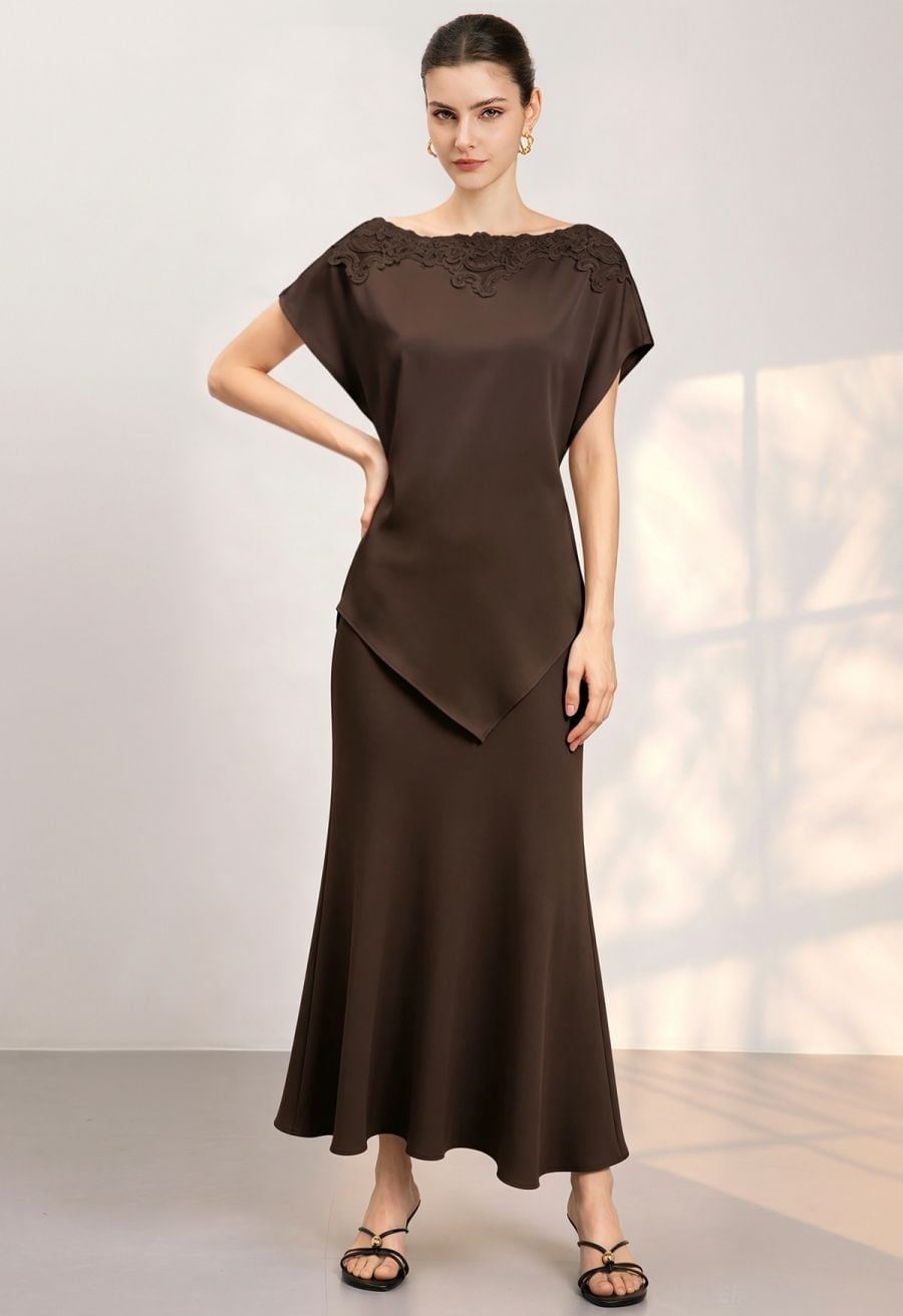 Brown Satin Flared Maxi Skirt With Lace Trim Top — Elegant Brown Satin Skirt Outfit