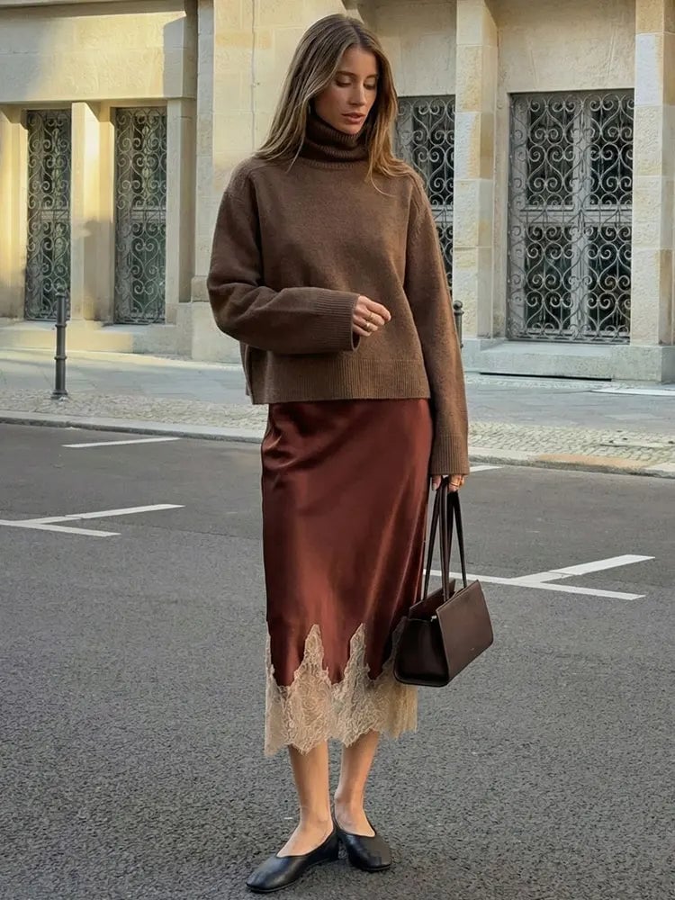Brown Satin Straight-Leg Skirt With Turtleneck Sweater — Elegant Brown Satin Skirt Outfit