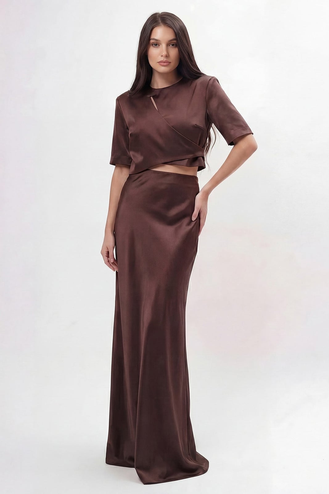 Rich Brown Satin Maxi Skirt With Draped Cut-Out Top — Elegant Brown Satin Skirt Outfit
