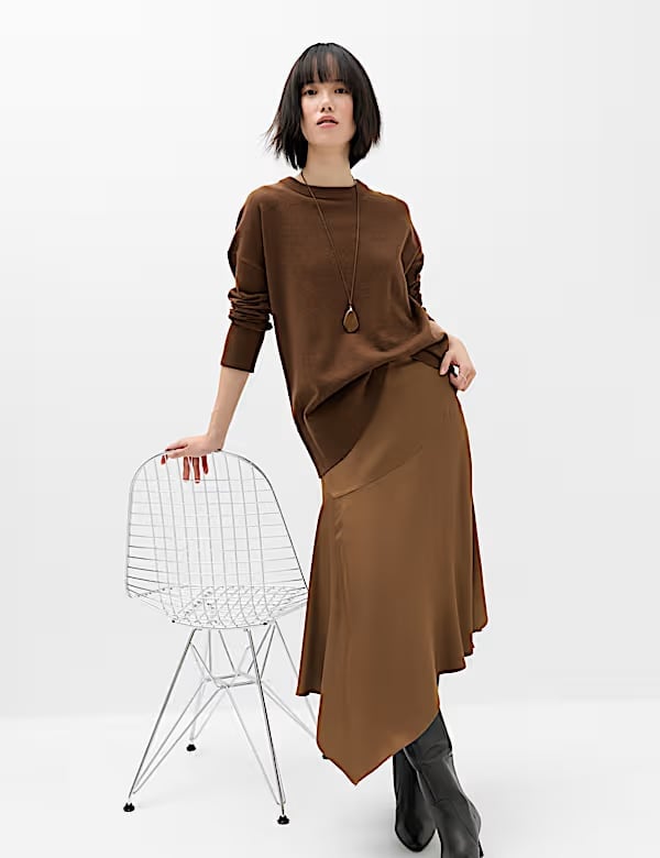 Asymmetric Brown Satin Midi Skirt With Knit Sweater — Elegant Brown Satin Skirt Outfit
