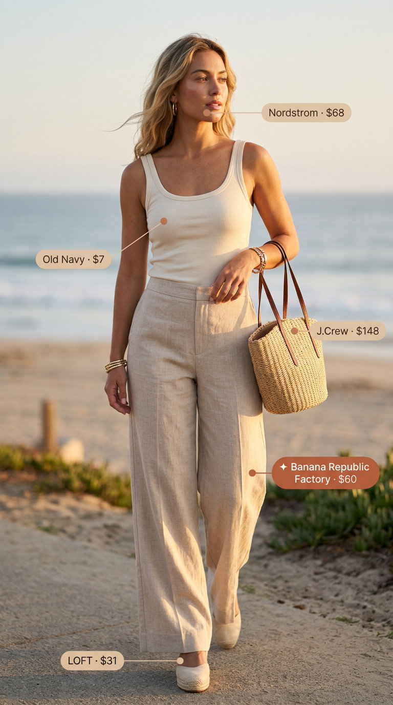 Elegant classy summer outfits for women 2026: Beige linen pants, cream tank & espadrilles for beachside dinner.