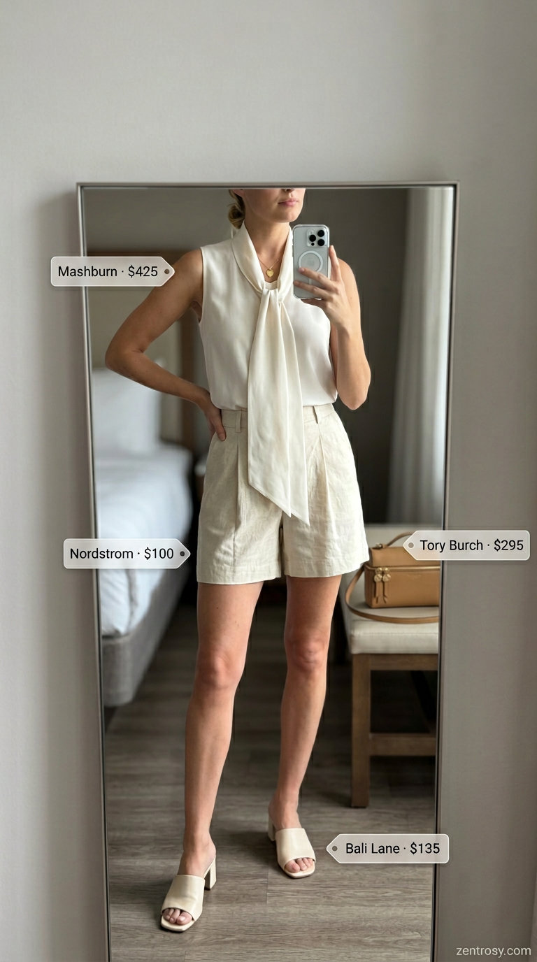 Elegant classy summer outfit for women 2026: Beige tailored shorts, cream silk blouse, nude mules, gold necklace.