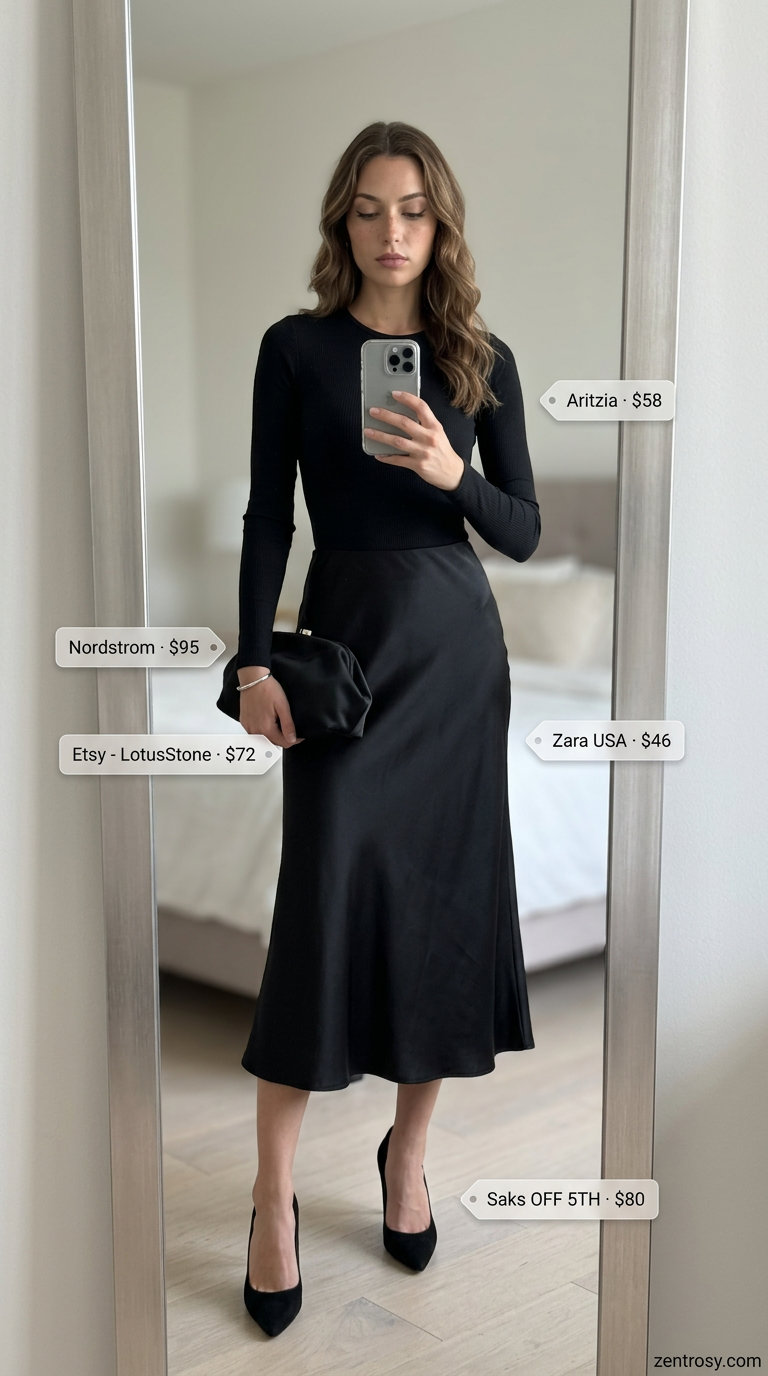Black satin midi skirt with black bodysuit and heels for elegant classy summer outfits for women 2026.