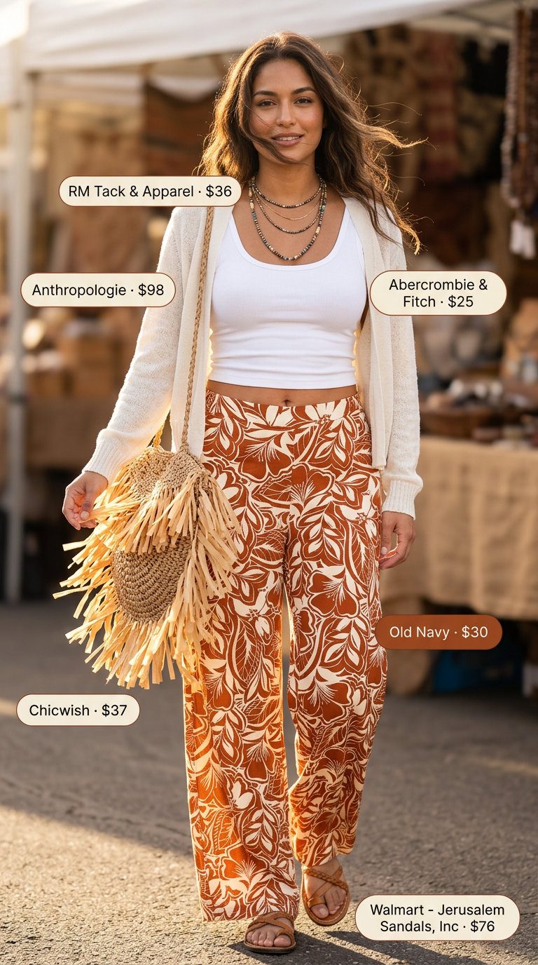 Bohemian summer outfit for women 2026: Multi-color wide-leg pants, white tank, open-knit cardigan, layered beads.