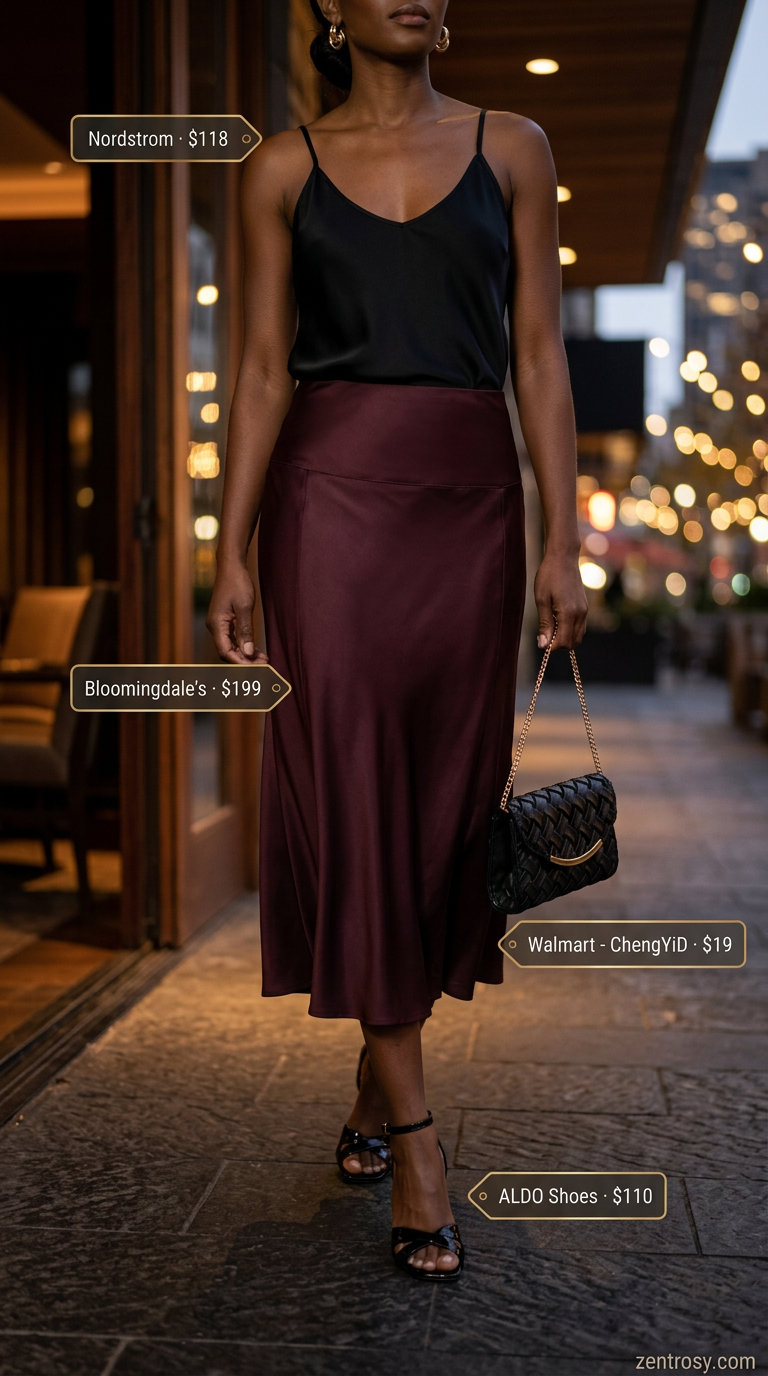 Elegant classy summer outfits for women 2026: Burgundy satin midi skirt, black camisole & gold statement earrings.