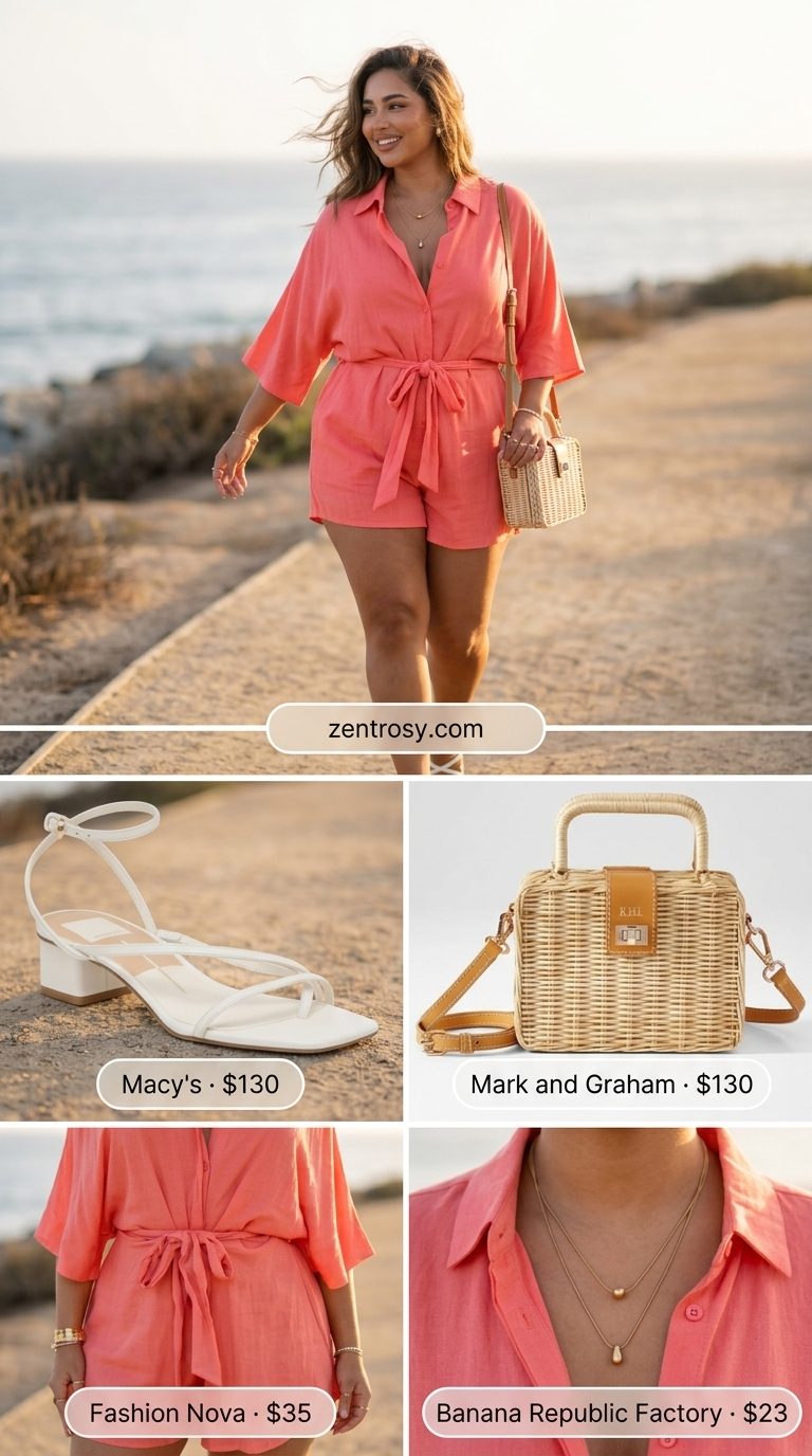 Elegant classy summer outfits for women 2026: Coral linen romper, white sandals & straw bag for a chic daytime event.