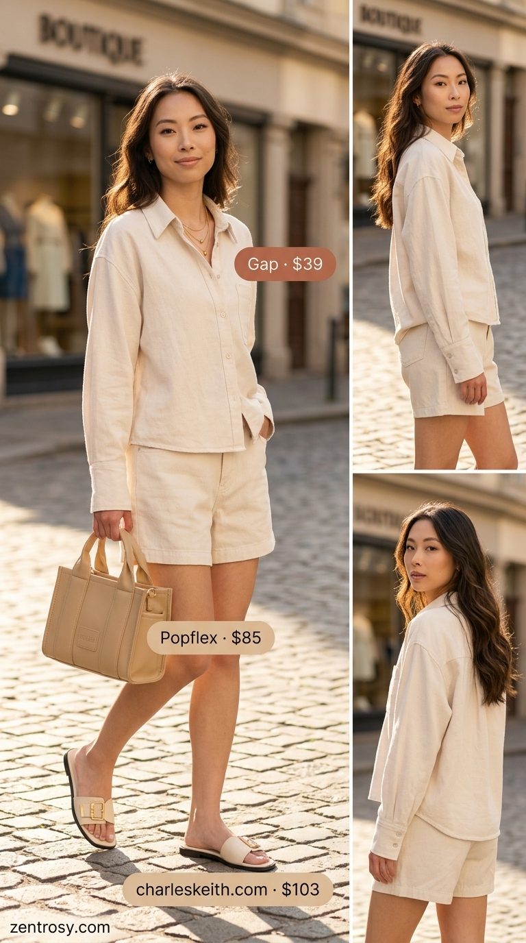 Elegant classy summer outfit for women 2026: Cream linen shorts set, layered necklaces, beige tote, flat slides.
