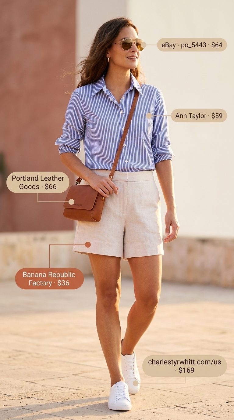 Elegant classy summer outfit for women 2026: Cream linen shorts, striped shirt, leather crossbody, aviators.