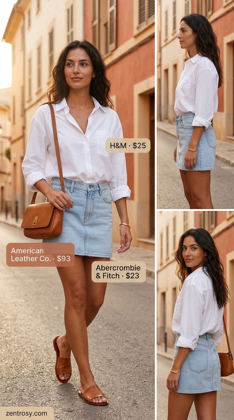 Denim mini skirt with oversized white shirt and tan slides for elegant classy summer outfits for women 2026.
