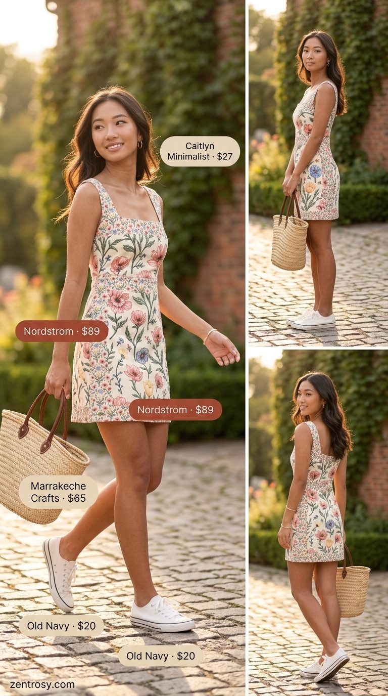 Elegant classy summer outfits for women 2026: Pastel floral mini sundress, white sneakers & straw tote.
