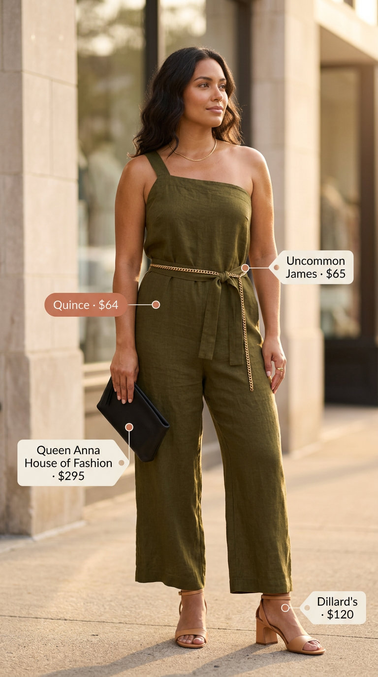 Olive green wide-leg linen jumpsuit with tan sandals and gold belt for elegant classy summer outfits for women 2026.