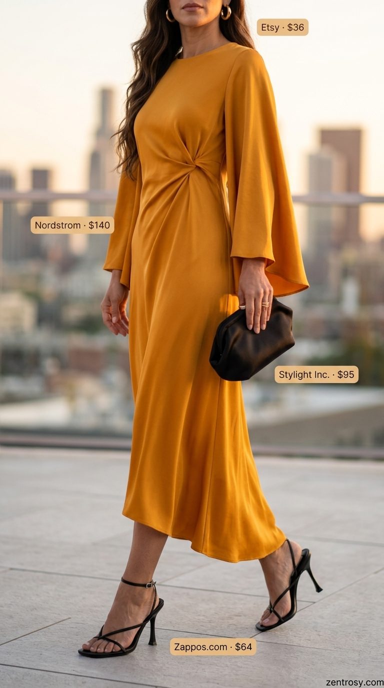 Elegant classy summer outfits for women 2026: Mango orange satin midi dress, black heels & gold hoops for a rooftop dinner.
