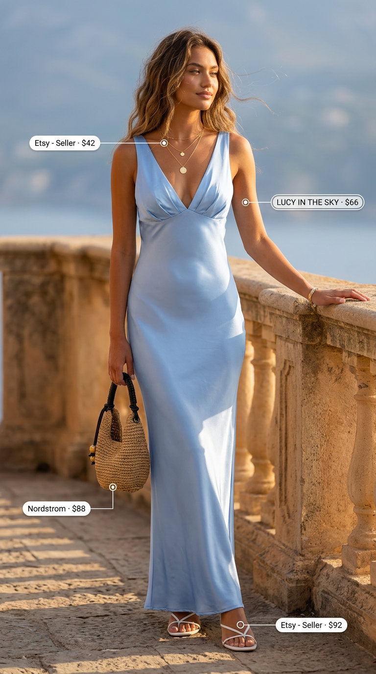 Sky blue maxi dress with flat sandals and straw bag for elegant classy summer outfits for women 2026.