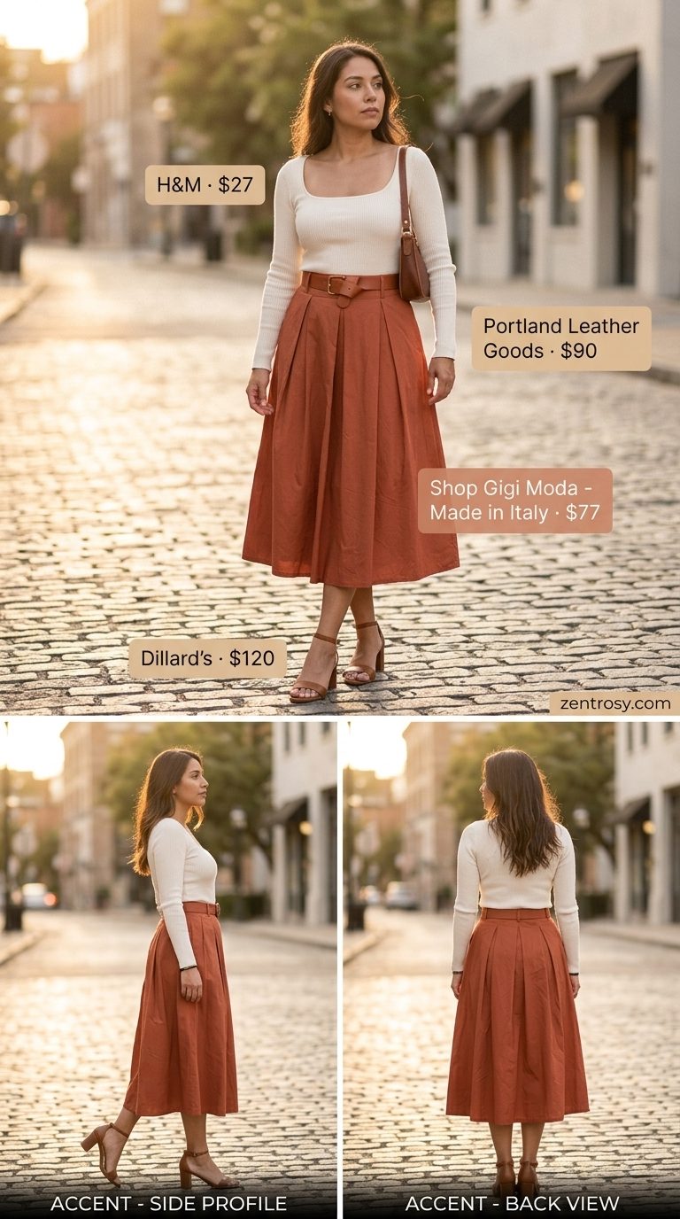 Terracotta midi skirt with cream knit top and brown heeled sandals for elegant classy summer outfits for women 2026.