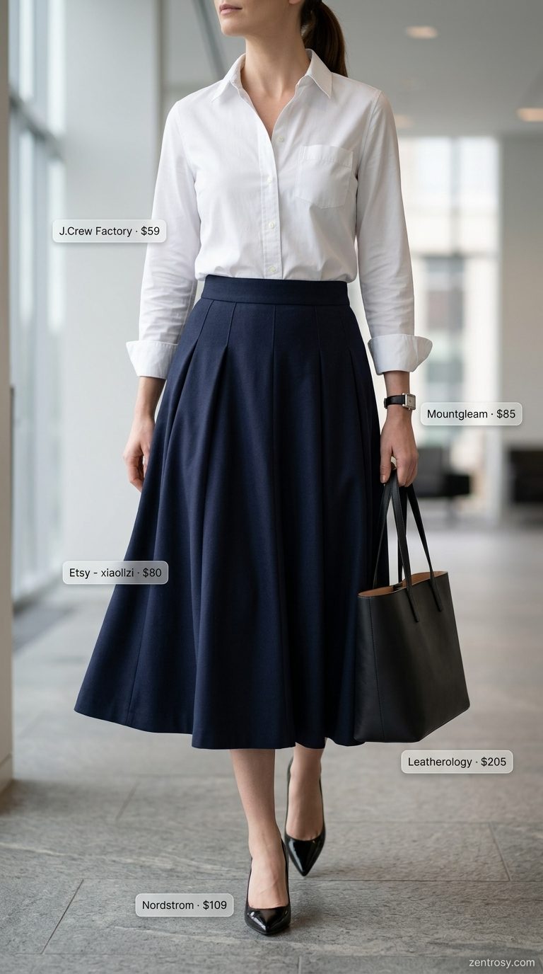 Elegant classy summer outfit for women 2026: Navy midi skirt, white button-down, black heels, structured tote.