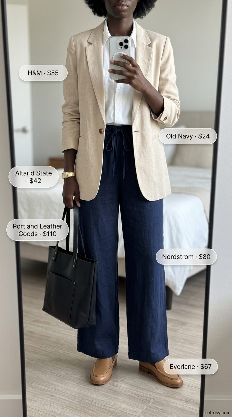 Elegant classy summer outfit for women 2026: Navy wide-leg trousers, white shirt, linen blazer, loafers.
