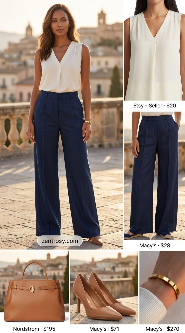 Elegant classy summer outfits for women 2026: Navy wide-leg trousers, ivory blouse & tan heels for smart casual.